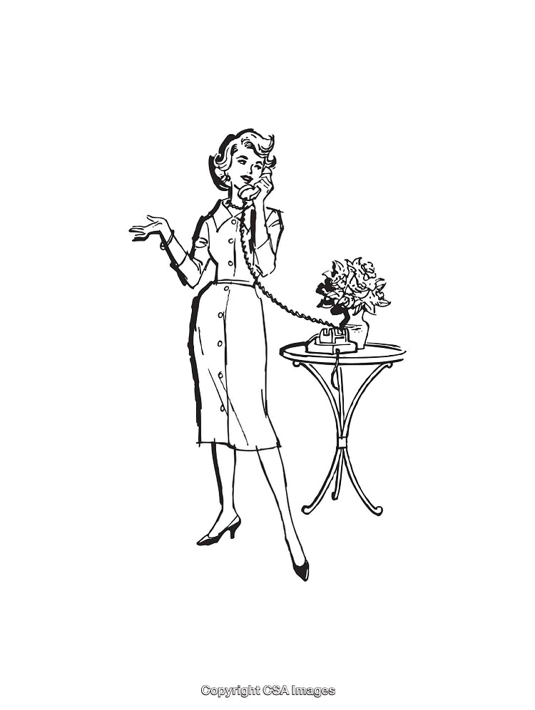 Retro Woman On Telephone with Side Table in Line Art Style