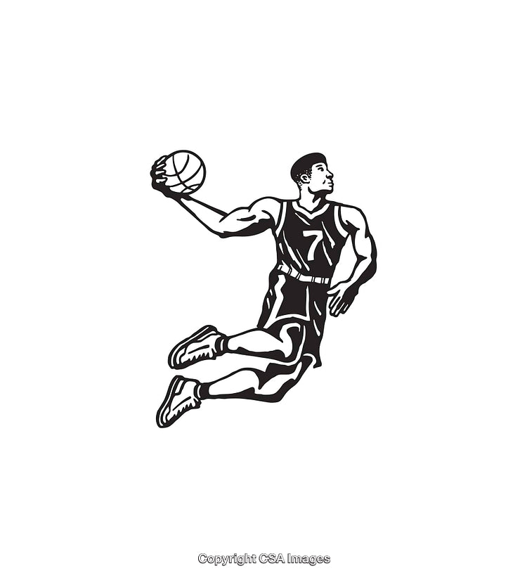 Dynamic Black and White Illustration of a Basketball Player Dunking