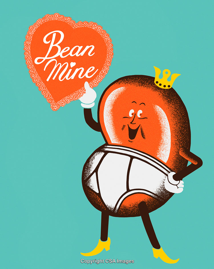 Colorful Bean Character in Playful Cartoon Style Holding a Heart-Shaped Sign