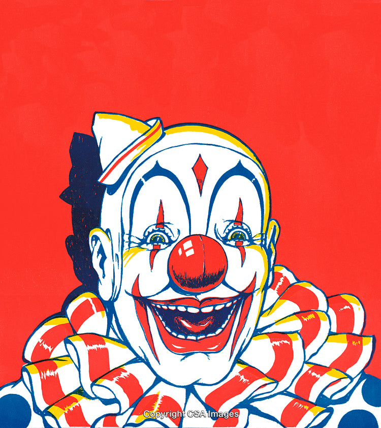 Bright Colorful Illustration of a Smiling Clown on a Red Background