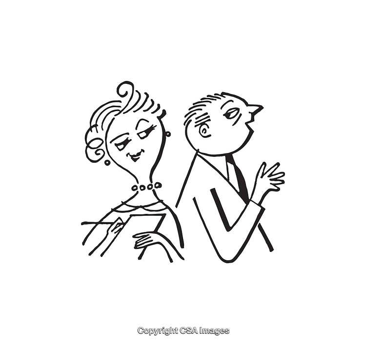 Vintage Illustration of a Discerning Couple in Black and White Line Art