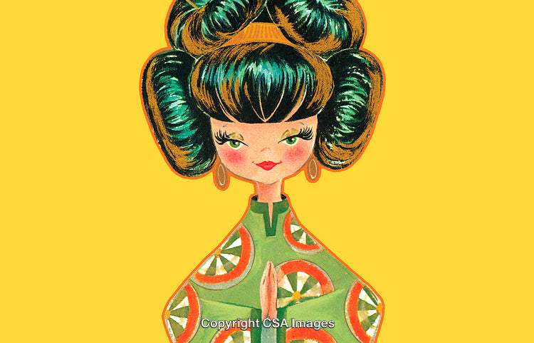 Whimsical Retro Illustration of a Stylish Lady with Elegant Hair and Traditional Dress