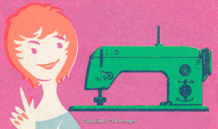 Retro Illustration of Woman and Sewing Machine on Pink Background