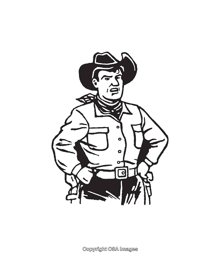 Vintage Cowboy Line Art Illustration in Black and White Artistic Style