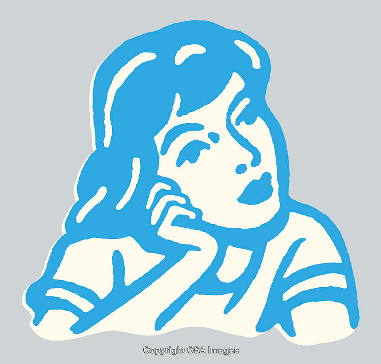 Blue Line Art Illustration of a Woman in a Thoughtful Pose