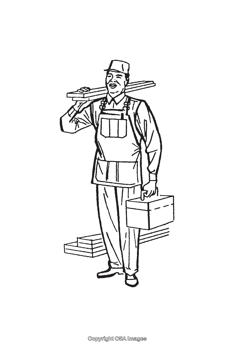 Black and White Line Art of a Worker With Tools and Materials