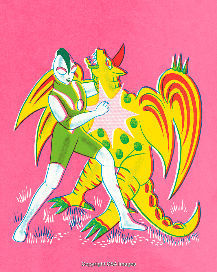 Colorful Illustration of Hero Fighting a Monster Against a Vibrant Background