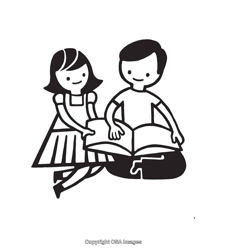 Children Enjoying Time Reading a Book Together in Black and White Illustration