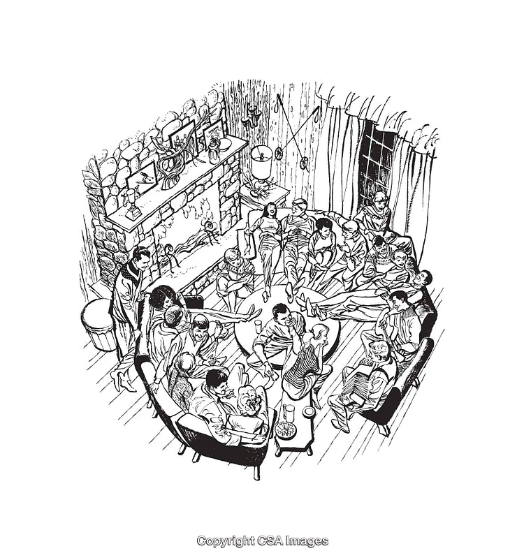 Illustration of a Cozy Indoor Gathering Around a Fireplace
