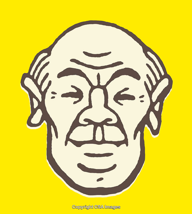 Simplistic Line Art Illustration of a Bald Man on a Yellow Background
