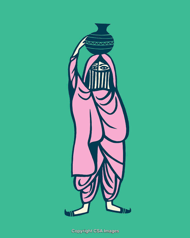 Cultural Line Art Illustration of a Woman Carrying Pot on Head