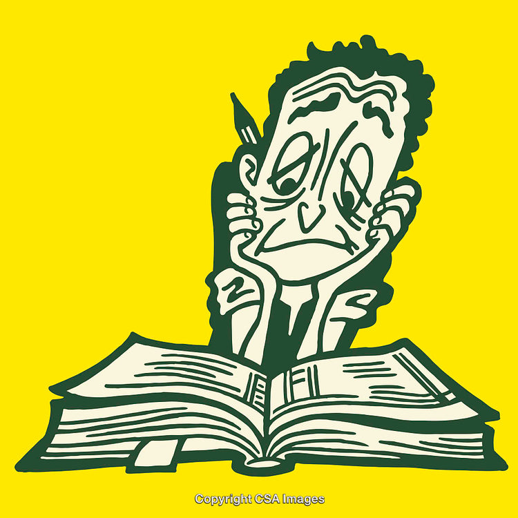 Cartoon Illustration of a Tired Student Studying Overwhelming Books