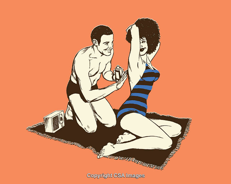 Retro Illustration of Couple on Beach Applying Sunscreen