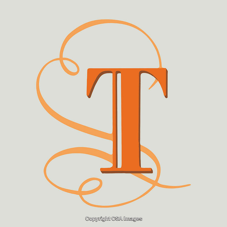 Elegant Ornate Letter T with Flourished Design and Orange Theme