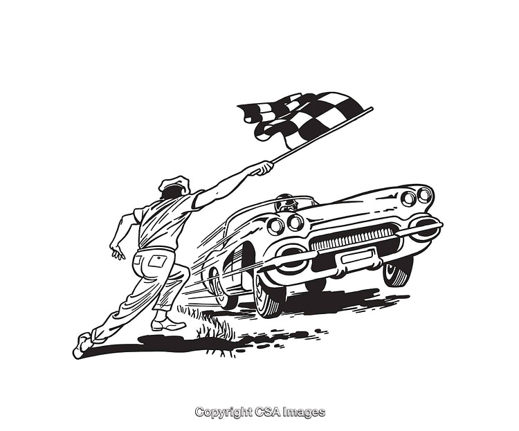 Classic Car Racing Scene With Checkered Finish Flag in Retro Style