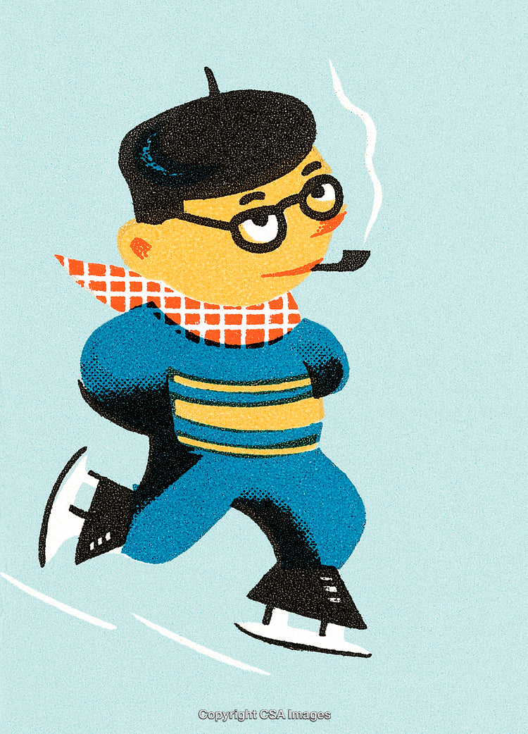 Retro Illustration of Ice Skating Man in Colorful Winter Attire
