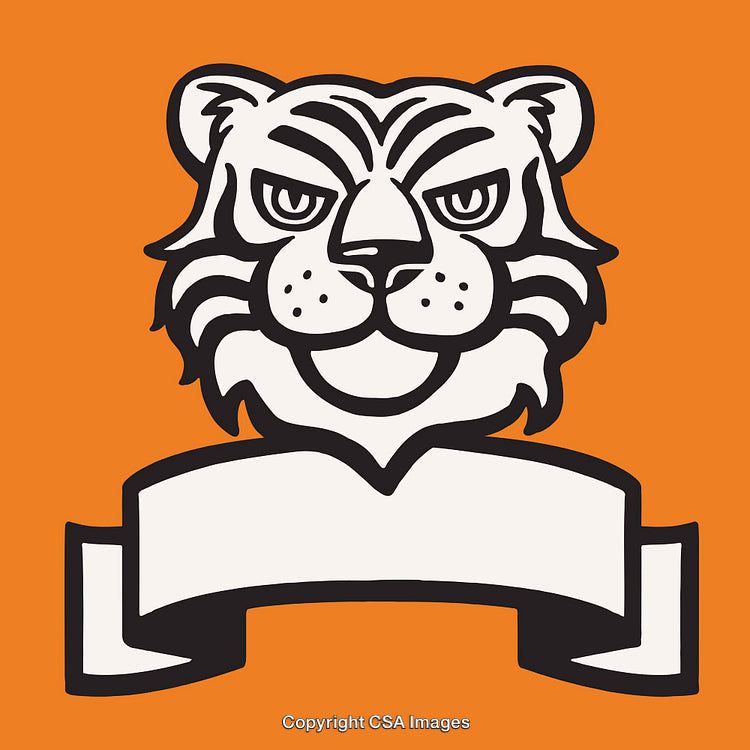 Bold Line Art of a Tiger Head With Blank Banner on Orange Background