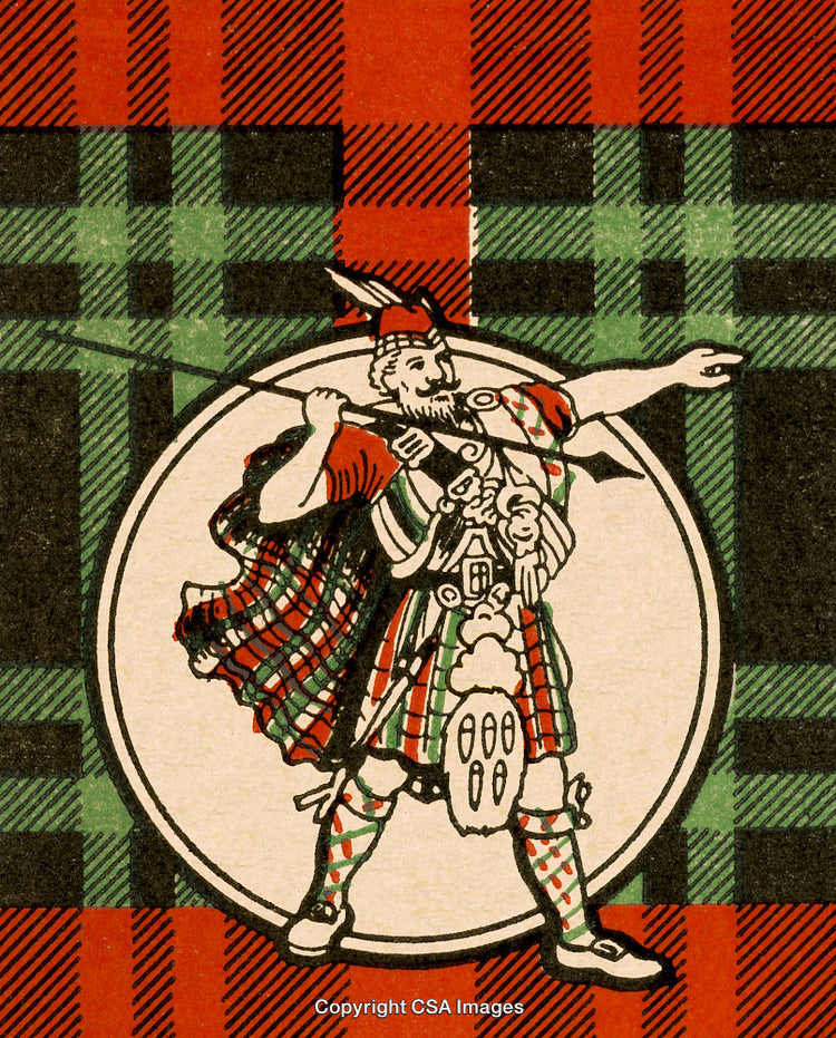 Vintage Illustration of a Scottish Highlander With Tartan Background