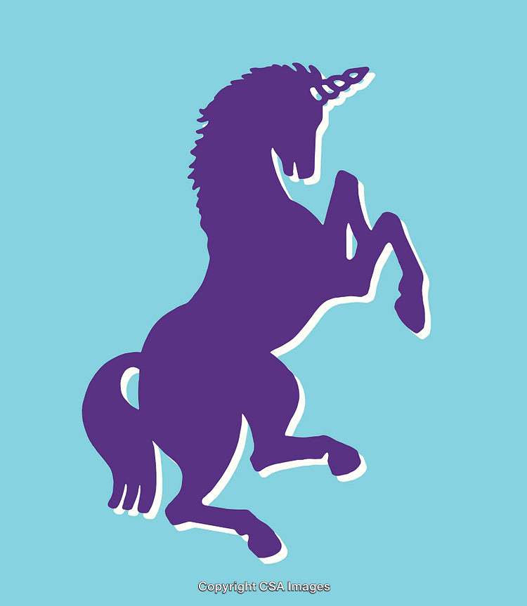 Purple Unicorn Illustration on Blue Background for Creative Designs and Concepts