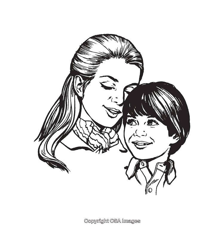 Black and White Illustration of Mother and Child Smiling Together