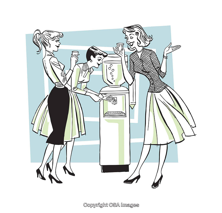 Retro Illustration of Women Discussing Around a Water Cooler in the Office