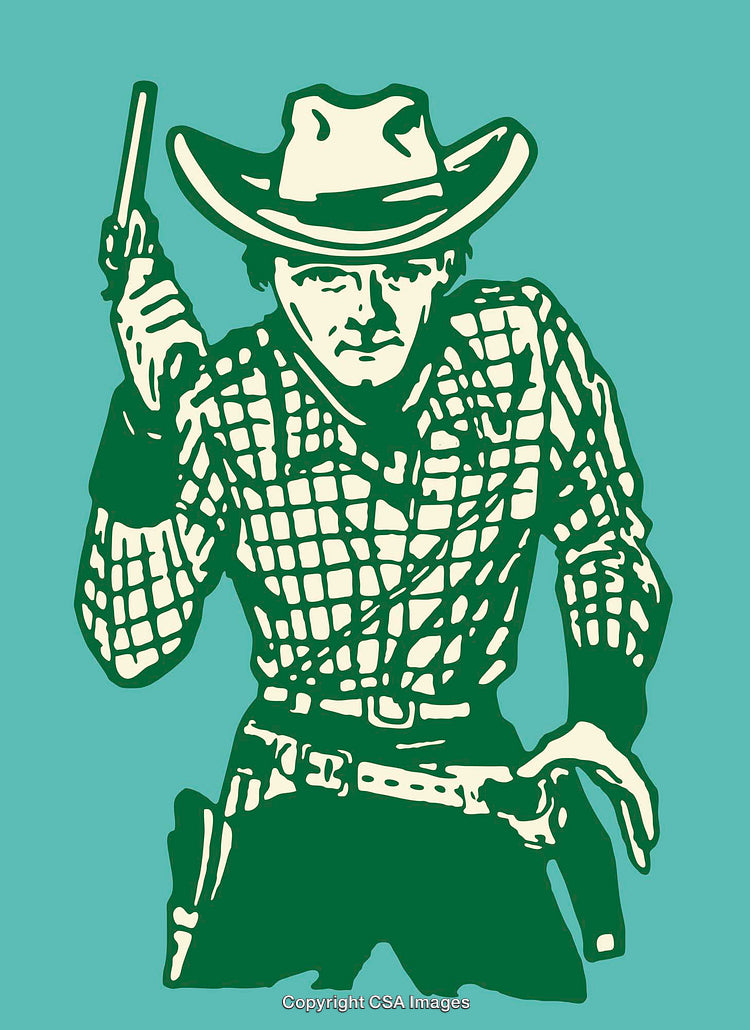 Vintage Style Color Line Art Illustration of a Cowboy with Revolver