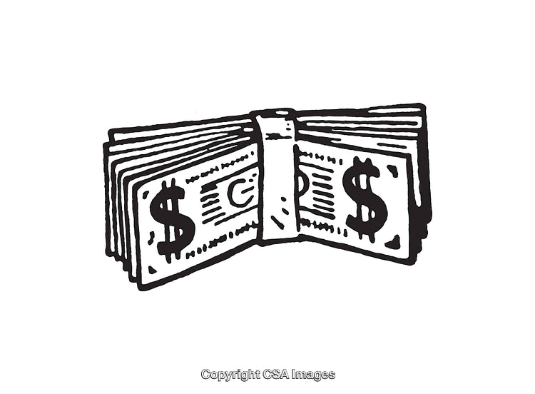 Hand-Drawn Stack of Dollar Bills in Black and White Line Art