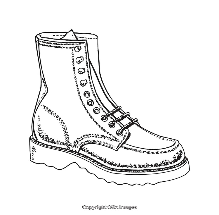 Detailed Black and White Line Drawing of a Classic Hiking Boot