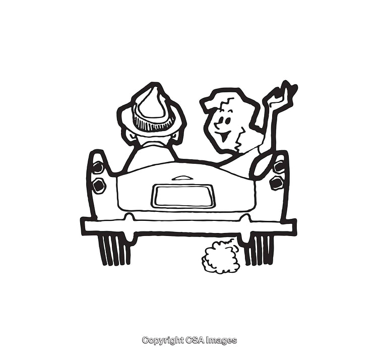 Retro Line Art of Couple Driving in Classic Car, Black and White