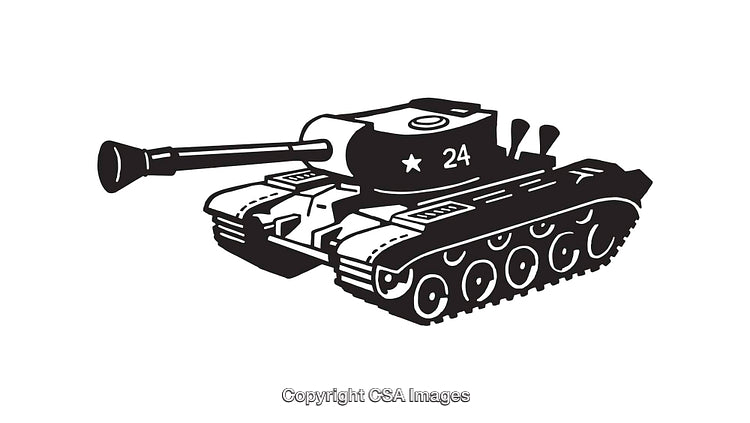 Black and White Line Art Illustration of a Military Tank