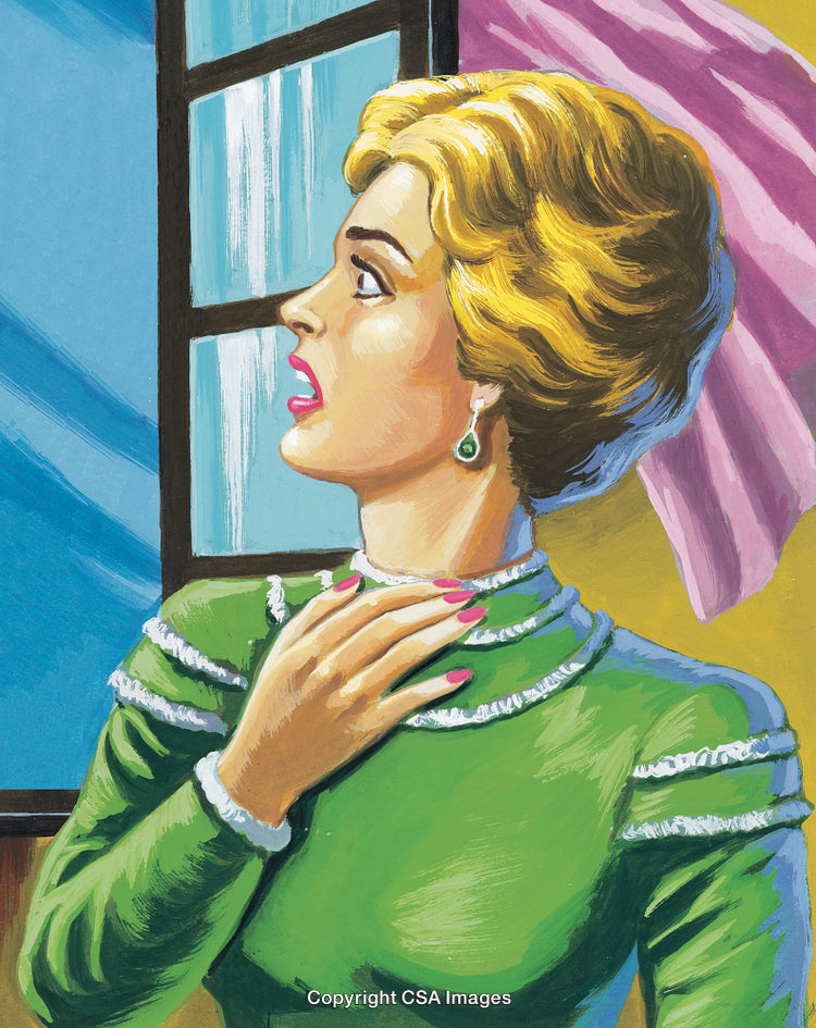 Vintage Illustration of Surprised Woman in Green Dress Near a Window