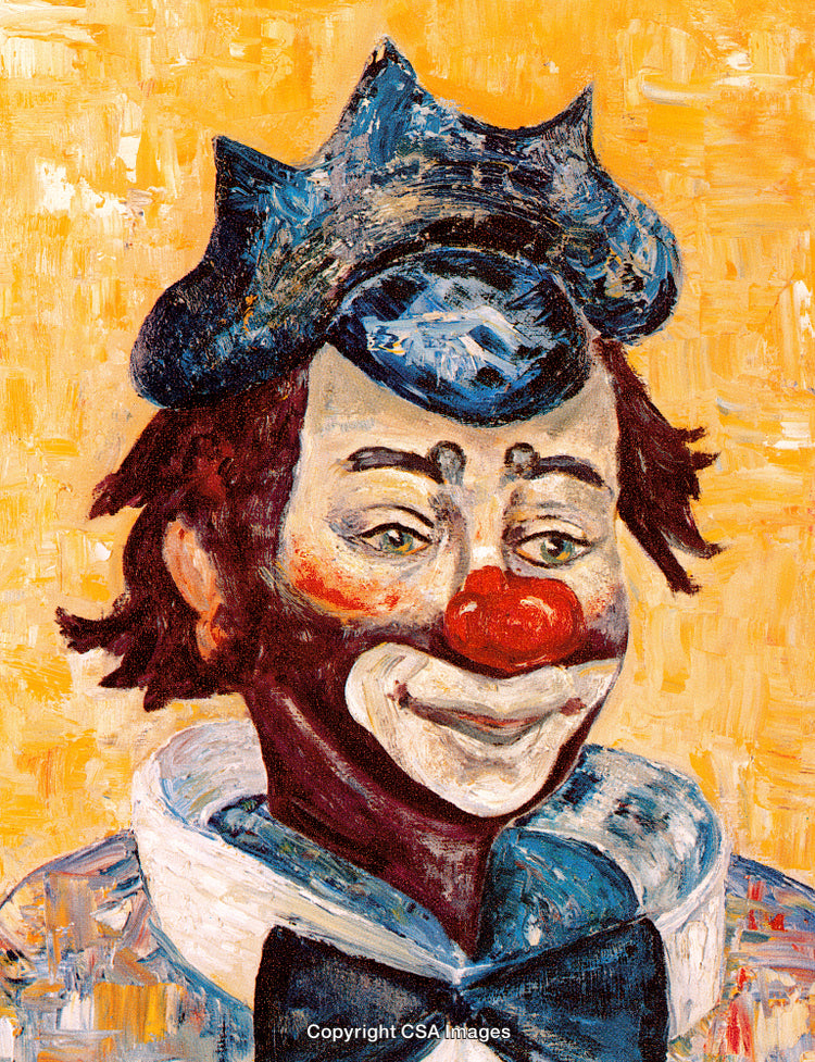 Colorful Painting of a Cheerful Clown with a Bright Yellow Background