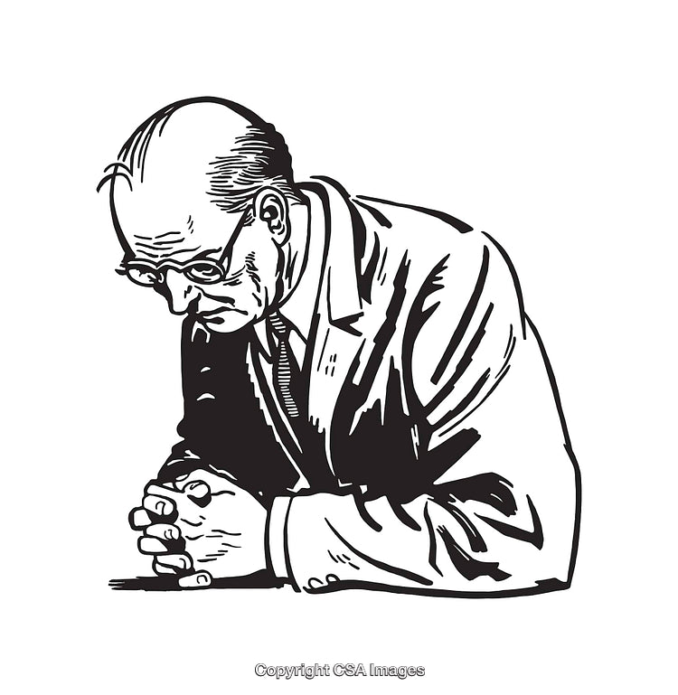 Black and White Line Art Illustration of a Pensive Businessman Sitting