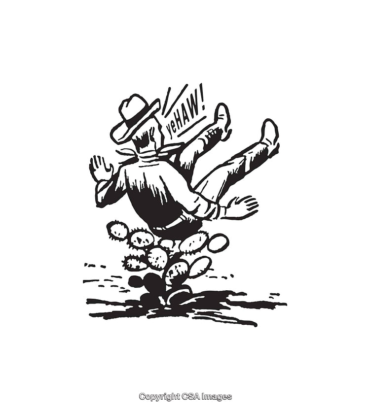 Black and White Illustration of a Cowboy Falling onto Cactus