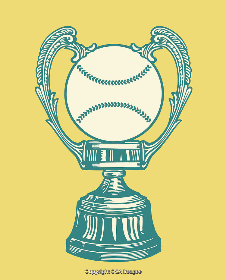 Vintage Trophy Illustration Featuring Baseball and Ornate Design on Yellow Background