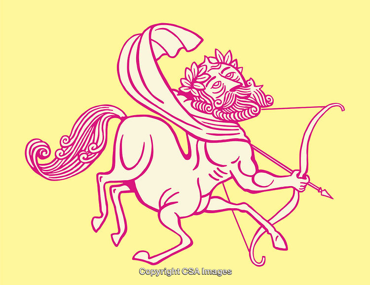 Pink and Yellow Line Art of Centaur Shooting an Arrow