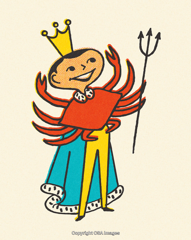 Illustrated Cartoon of a Crab King Holding a Trident