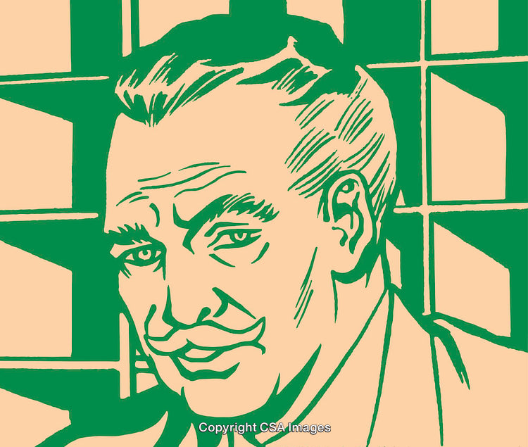 Retro Styled Illustration of a Thoughtful Man in Green and Peach Tones