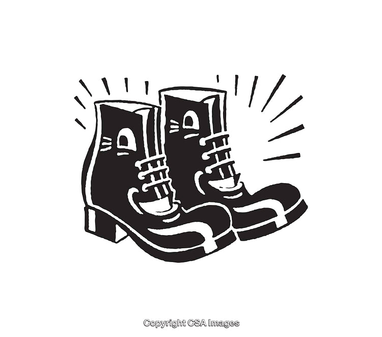 Black and White Retro Line Art of Sturdy Boots