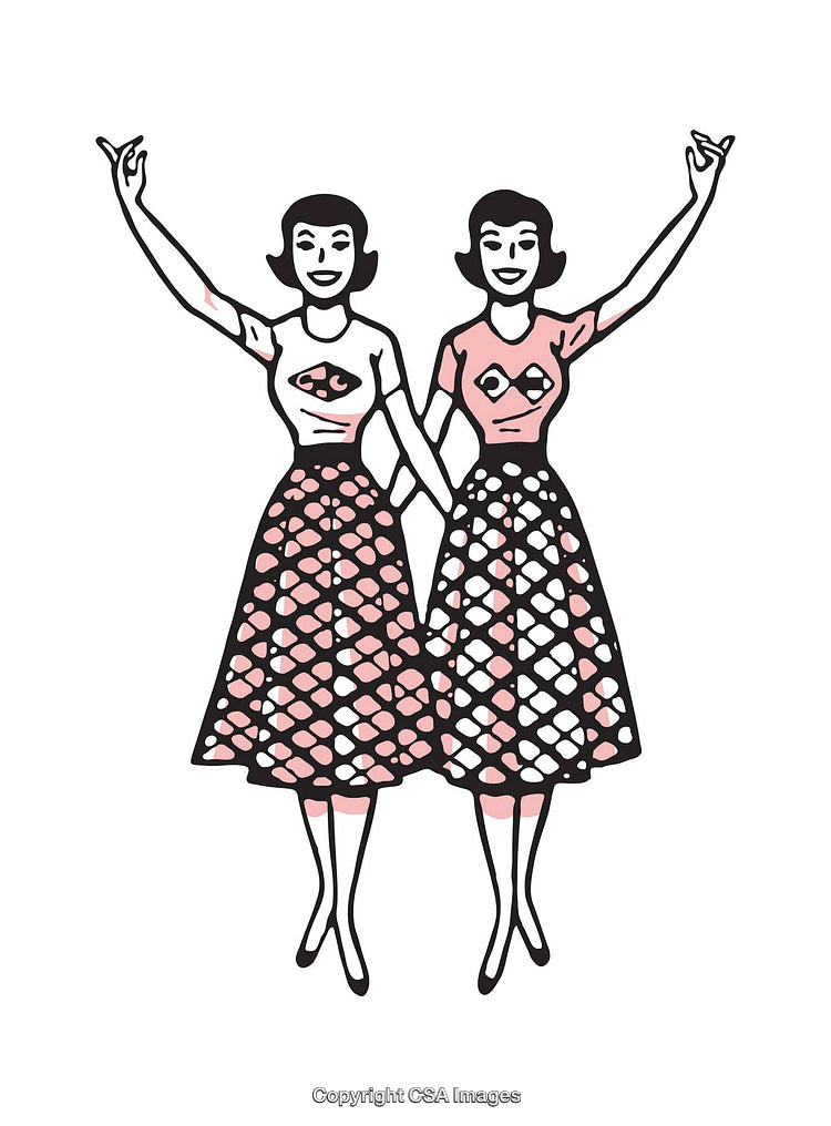 Retro Illustration of Twin Women in Patterned Dresses Posing Together