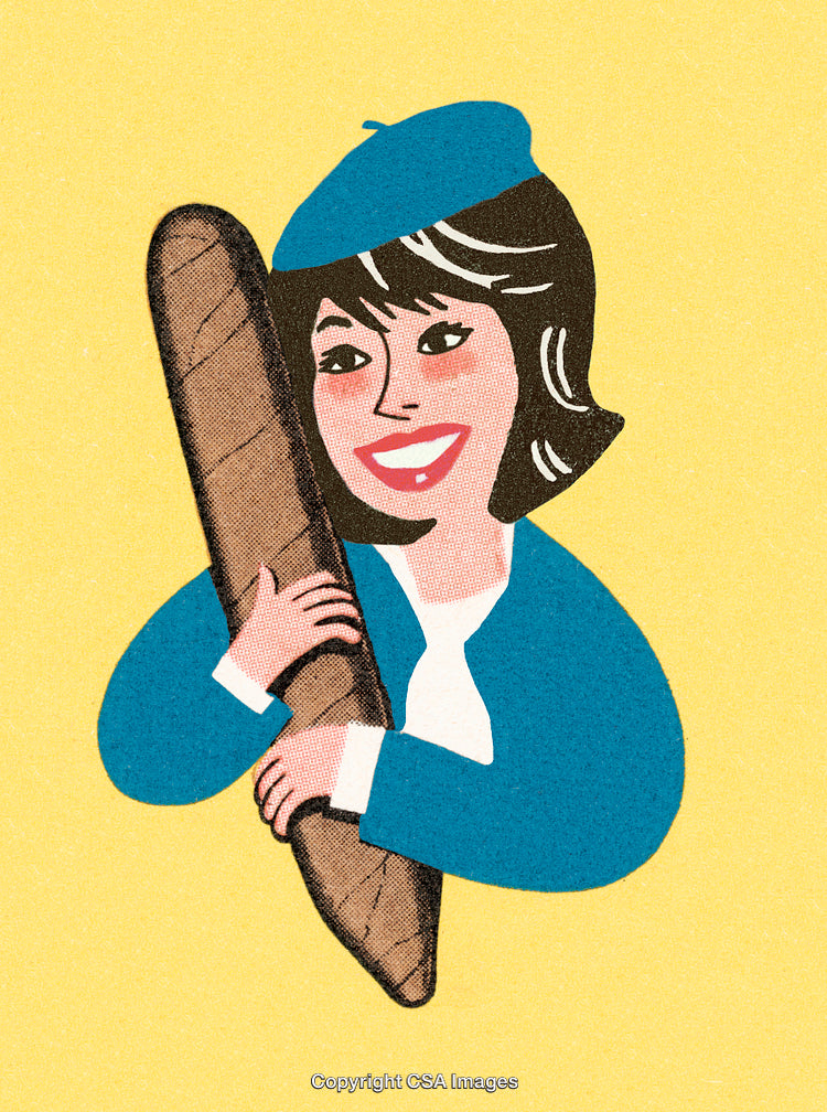 Retro Illustration of Smiling Woman Holding a Baguette on Yellow Background
