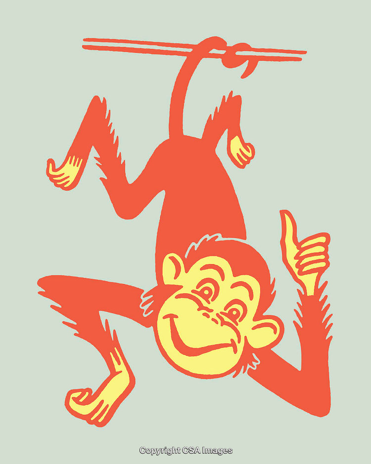 Playful Monkey Hanging Upside Down with a Thumbs Up Gesture