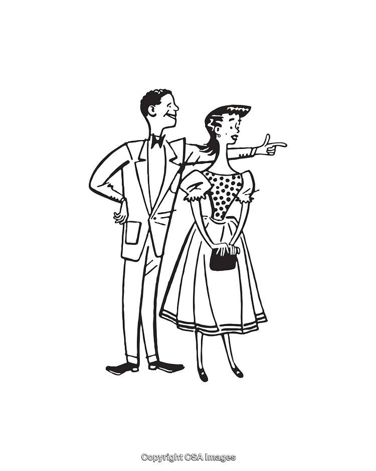Retro Black and White Illustration of a Well-Dressed Couple in Conversation