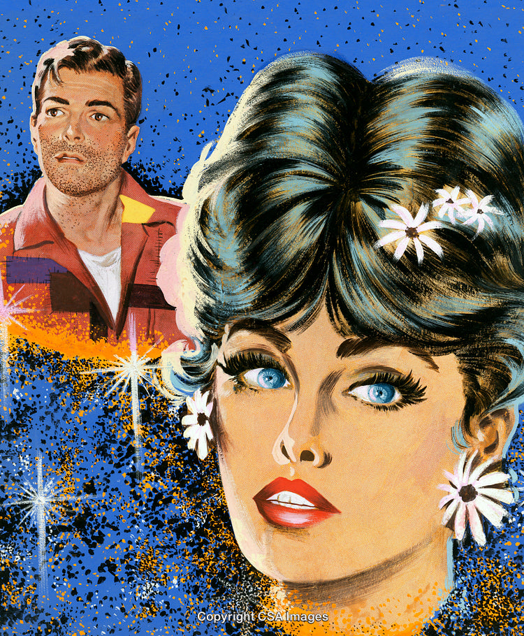 Retro Styled Portrait of a Woman and a Man in a Decorative Composition