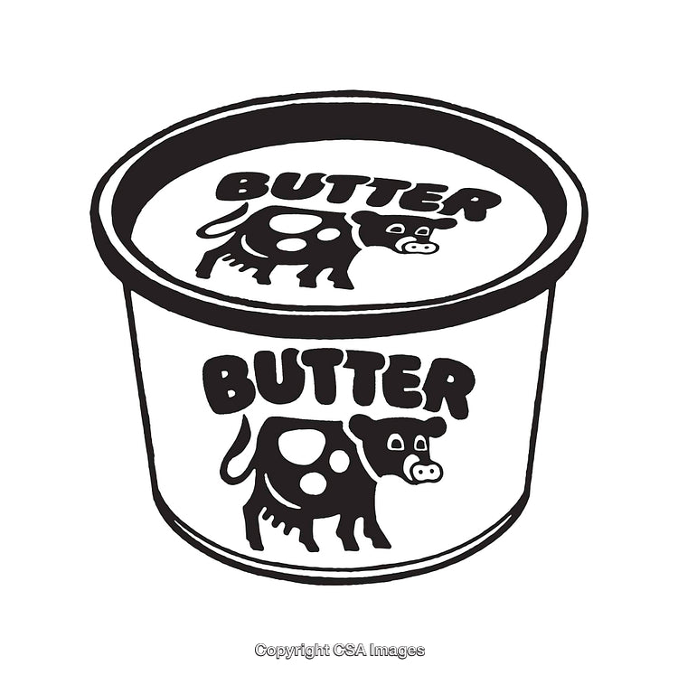 Black and White Line Art Illustration of a Butter Container with Cow Design