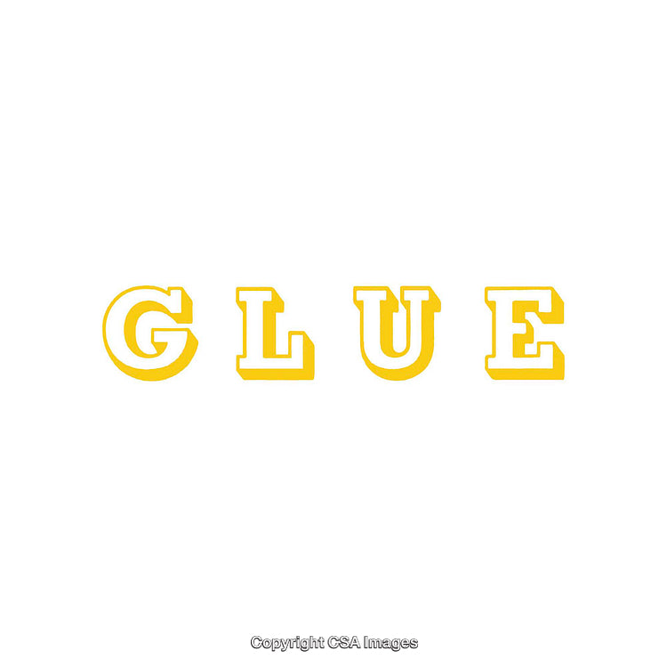 Yellow Text Illustration Spelling Out the Word 'Glue' on White Background