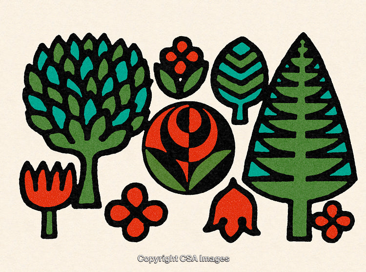 Colorful Abstract Plants and Flowers in Folk Art Inspired Illustration