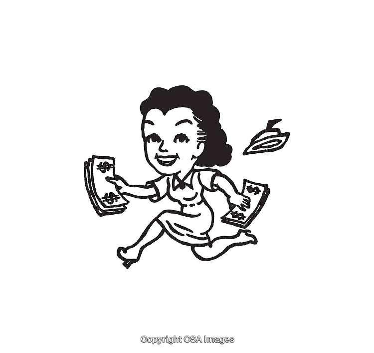 Vintage Line Art Illustration of a Cheerful Woman Carrying Dollar Bills