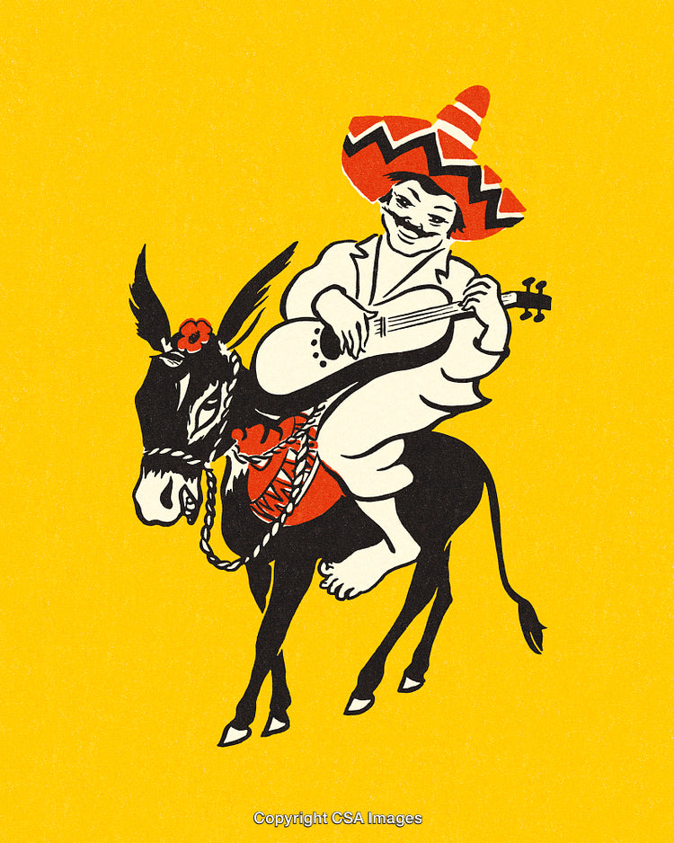 Illustration of a Man Playing Guitar On a Donkey with Sombrero