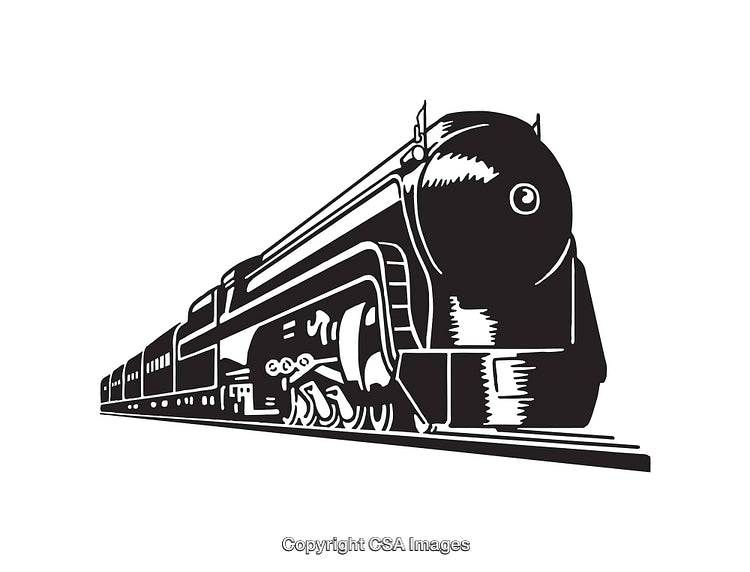 Vintage Black and White Steam Locomotive Line Art Illustration